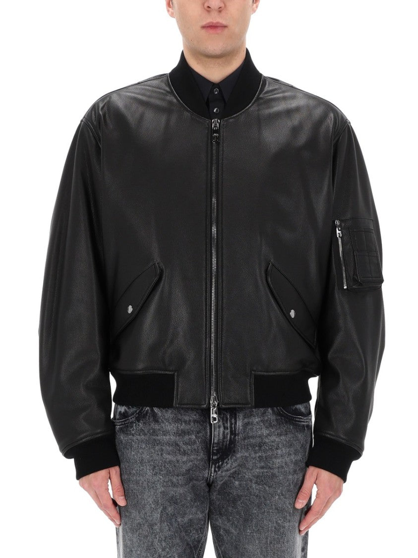 Dolce & Gabbana Smooth Leather Ribbed Cuffs Jacket