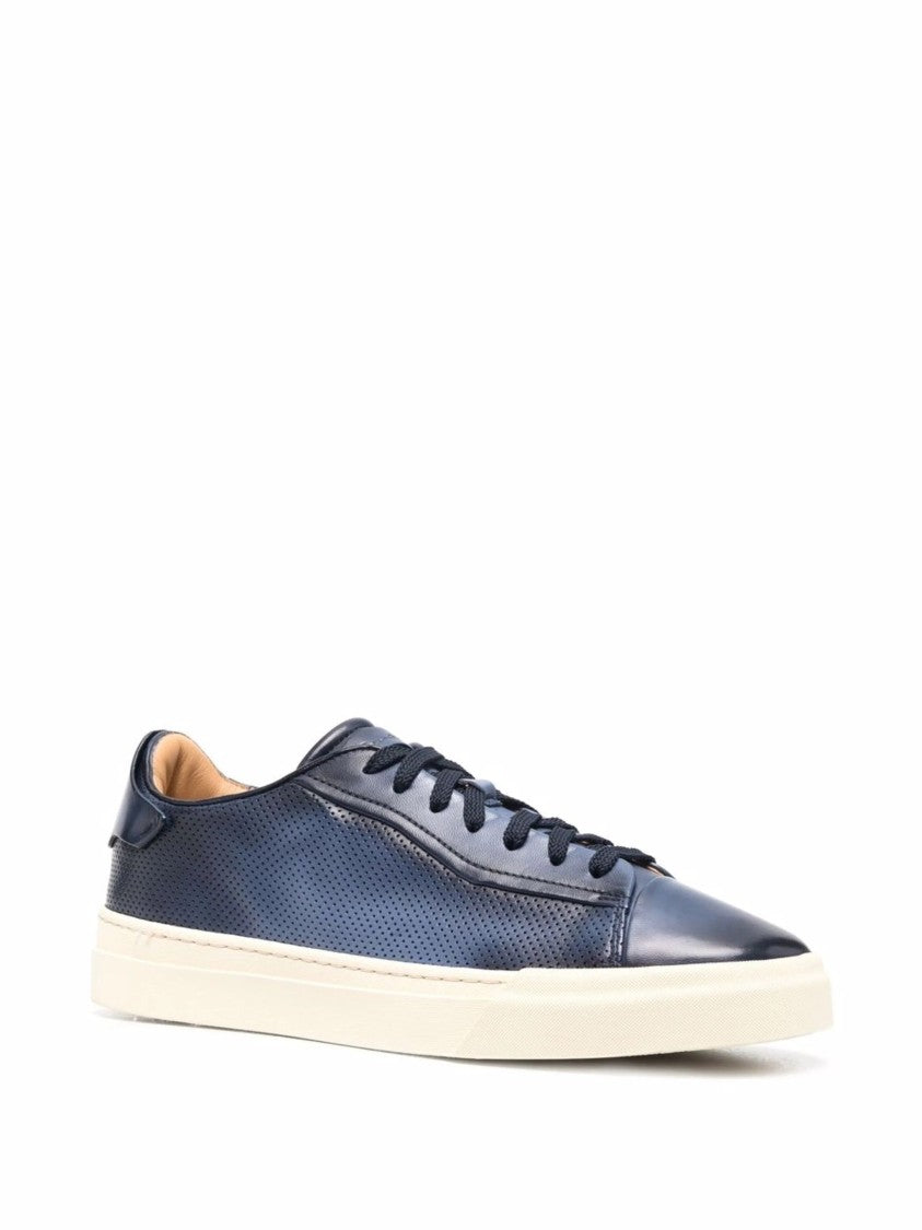 Santoni Perforated Blue Leather Trainers With Rubber Sole