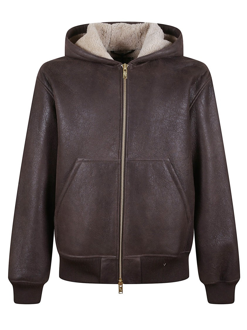 Baracuta Dark Brown Lamb Shearling Hoody With Zip Fastening And Kangaroo Pockets