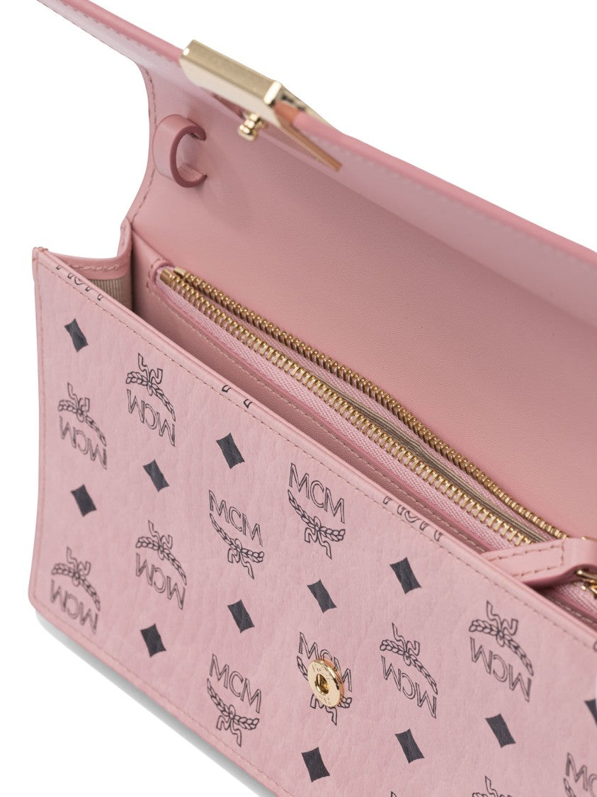 Mcm Rectangular Pink Clutch With Logo Pattern