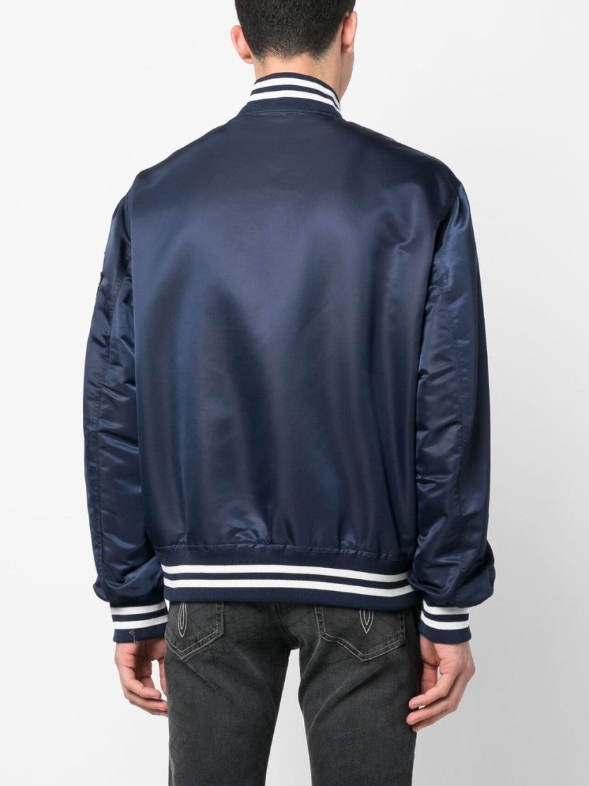 Versace Navy Blue Logo-Patch Bomber Jacket