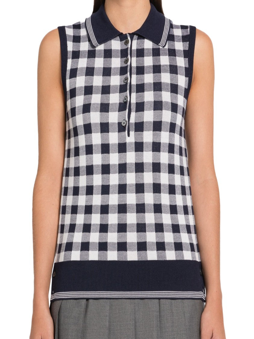 Thom Browne Silk Sleeveless Top With Checkered Pattern And Polo Collar