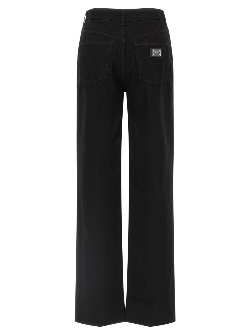 Dolce & Gabbana Cotton Denim Flared Pants With High Waist And Signature Logo