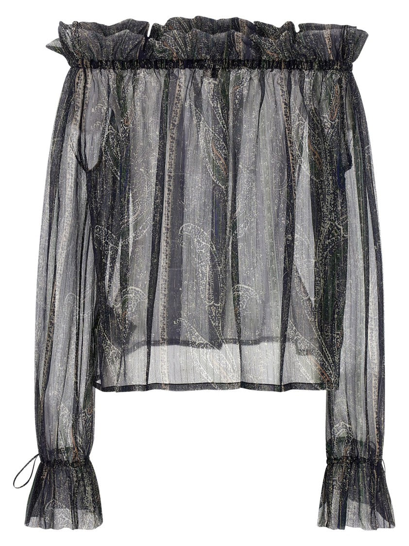 Saint Laurent Paisley Motif Lurex Off-The-Shoulder Blouse With Ruffled Collar