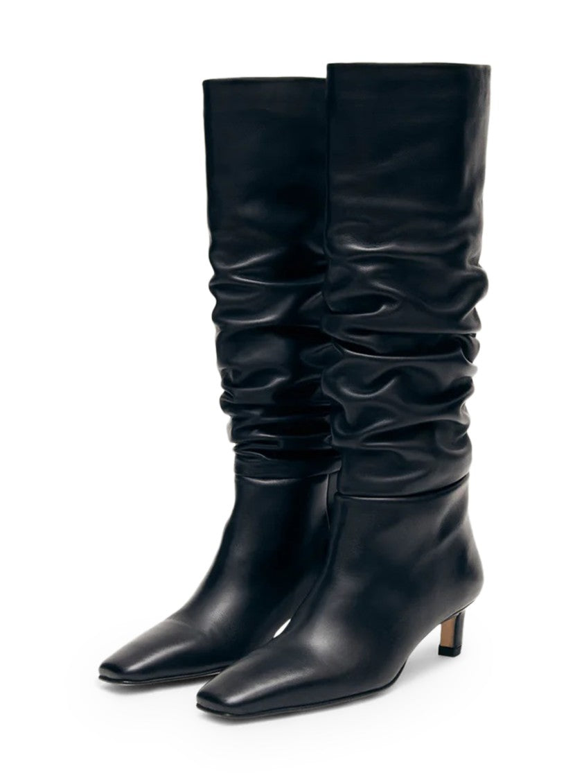 Alohas Mid-Calf Black Leather Boots With Pointed Toe And Relaxed Texture