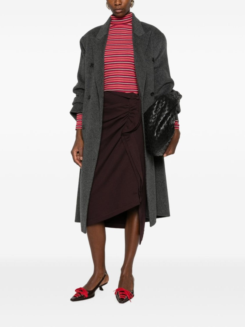 Dries Van Noten Burgundy Ruched Asymmetrical Wrap Midi Skirt