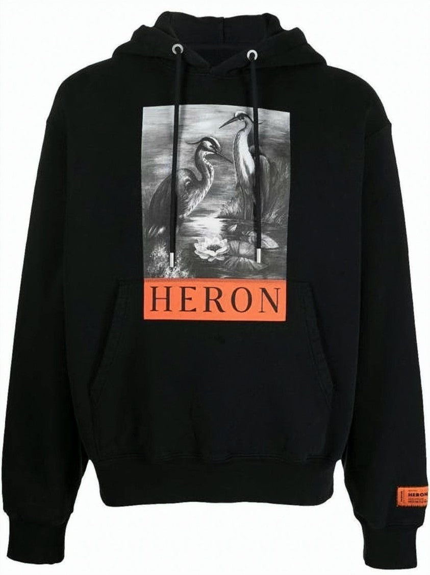 Heron Preston Graphic Print Black Hoodie With Drawstring And Kangaroo Pocket