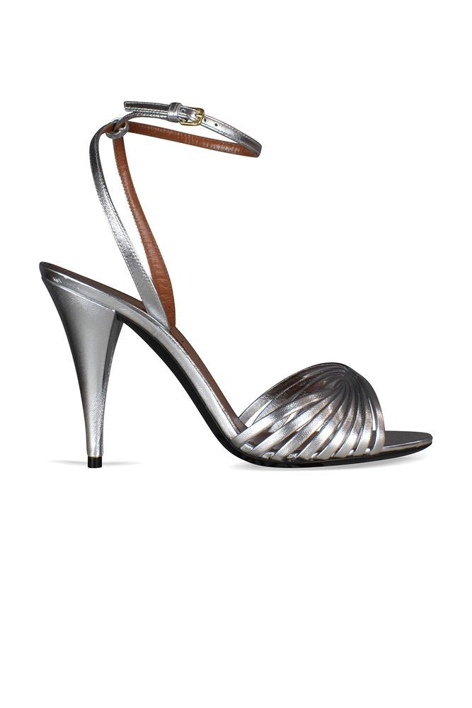 Saint Laurent Silver Metallic Leather Sandals With Overlapping Straps