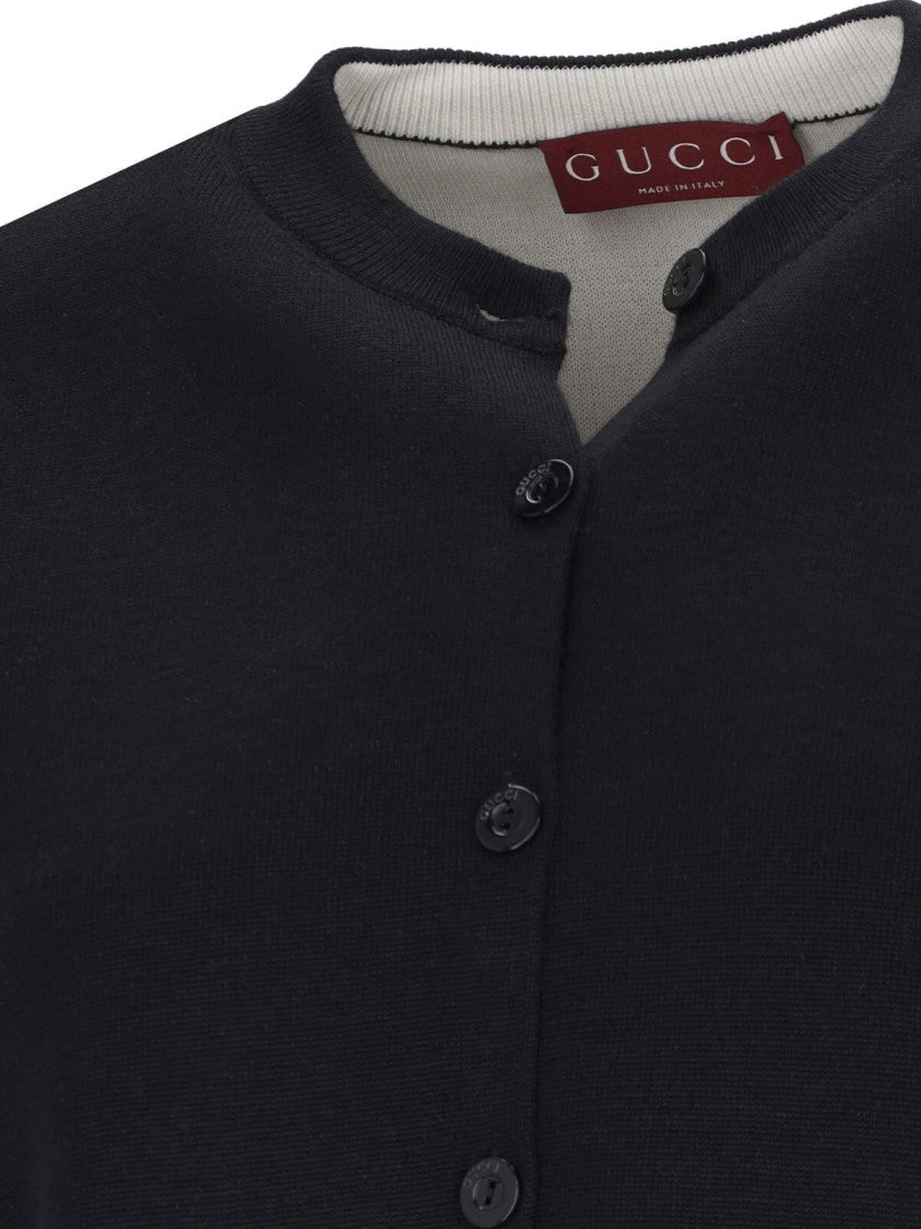 Gucci Intarsia Logo Cardigan In Wool-Silk Blend With Ribbed Finishes