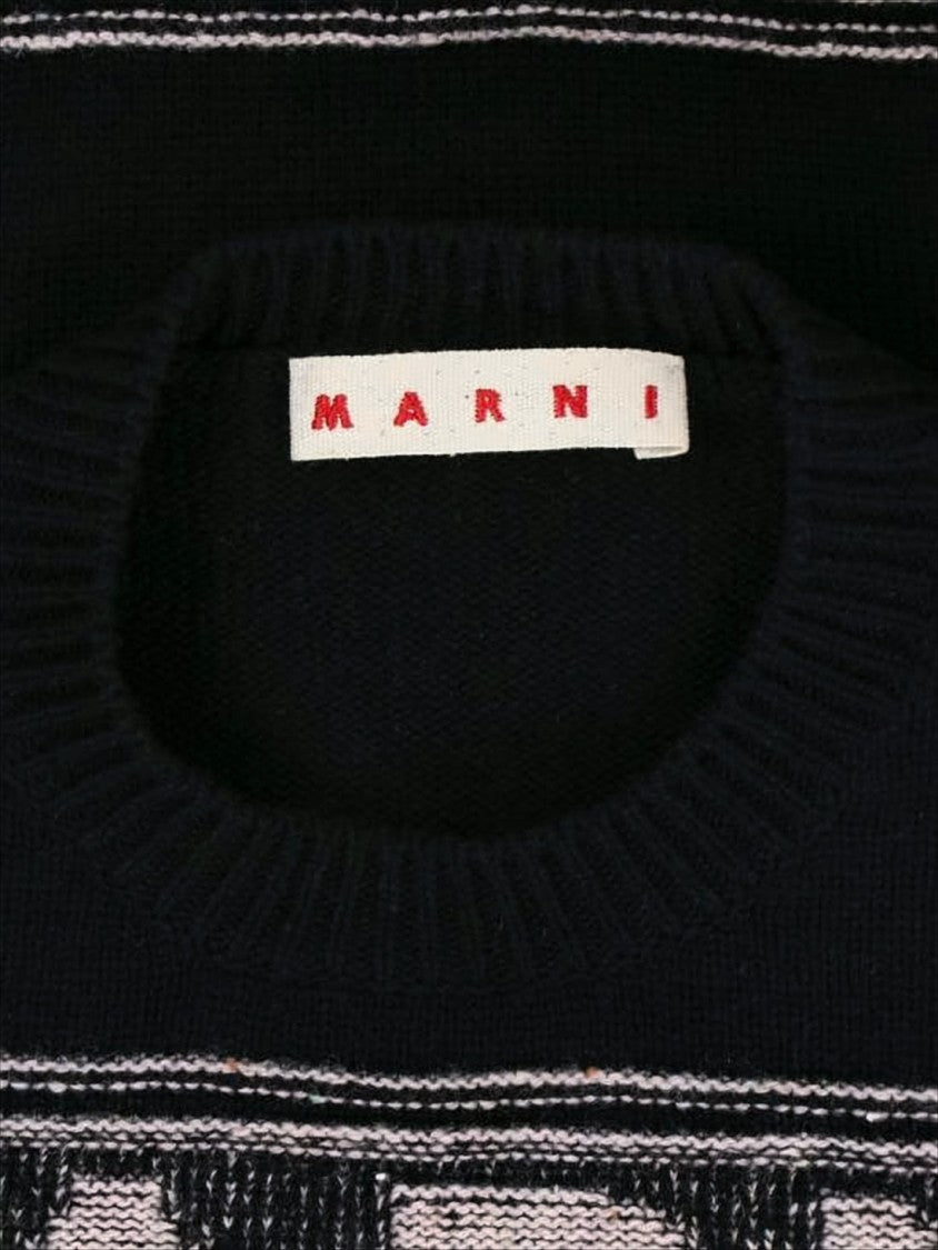 Marni Textured Logo Black Wool Sweater With Cropped Fit