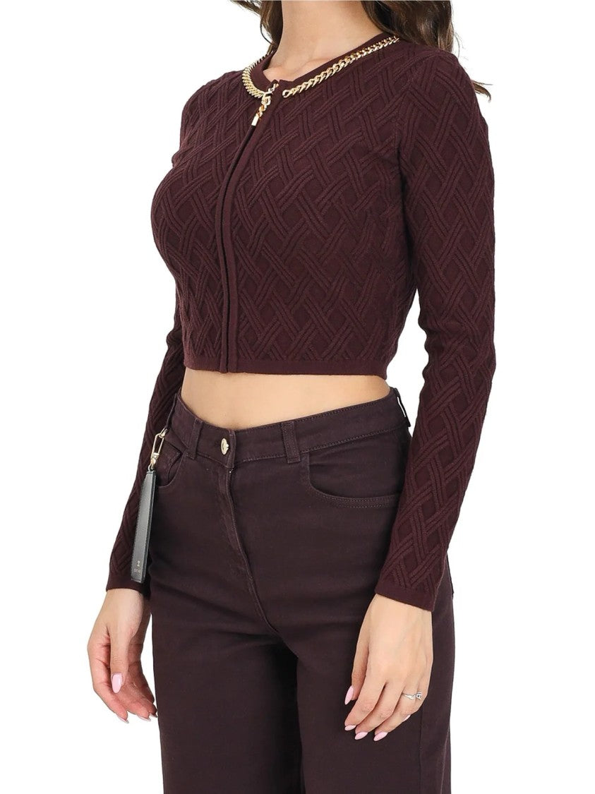 Elisabetta Franchi Cropped Textured Cardigan With Front Zip And Gold Chain Detail