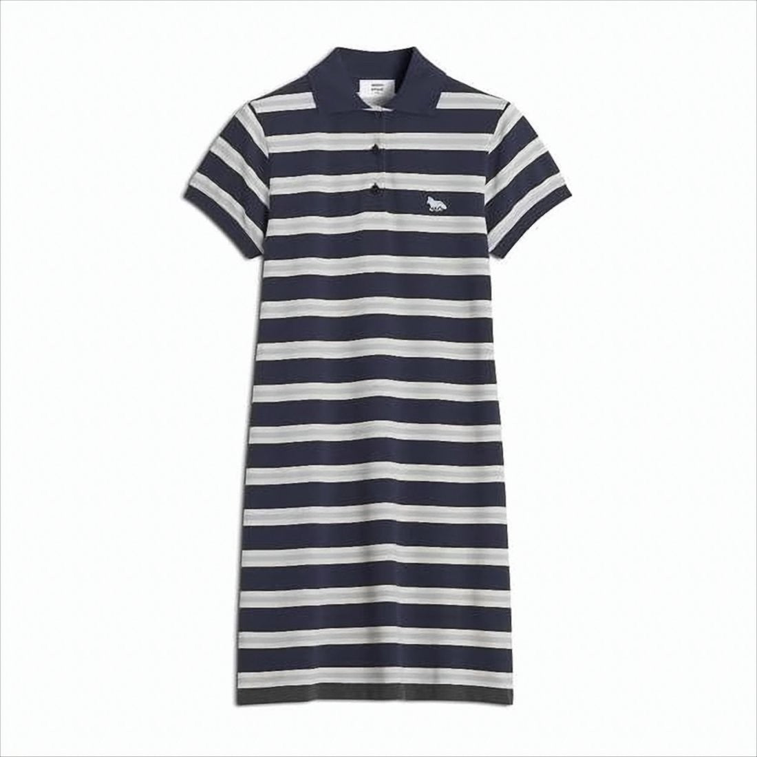 Maison Kitsuné Horizontal Striped Midi Dress With Polo Collar And Embroidered Logo