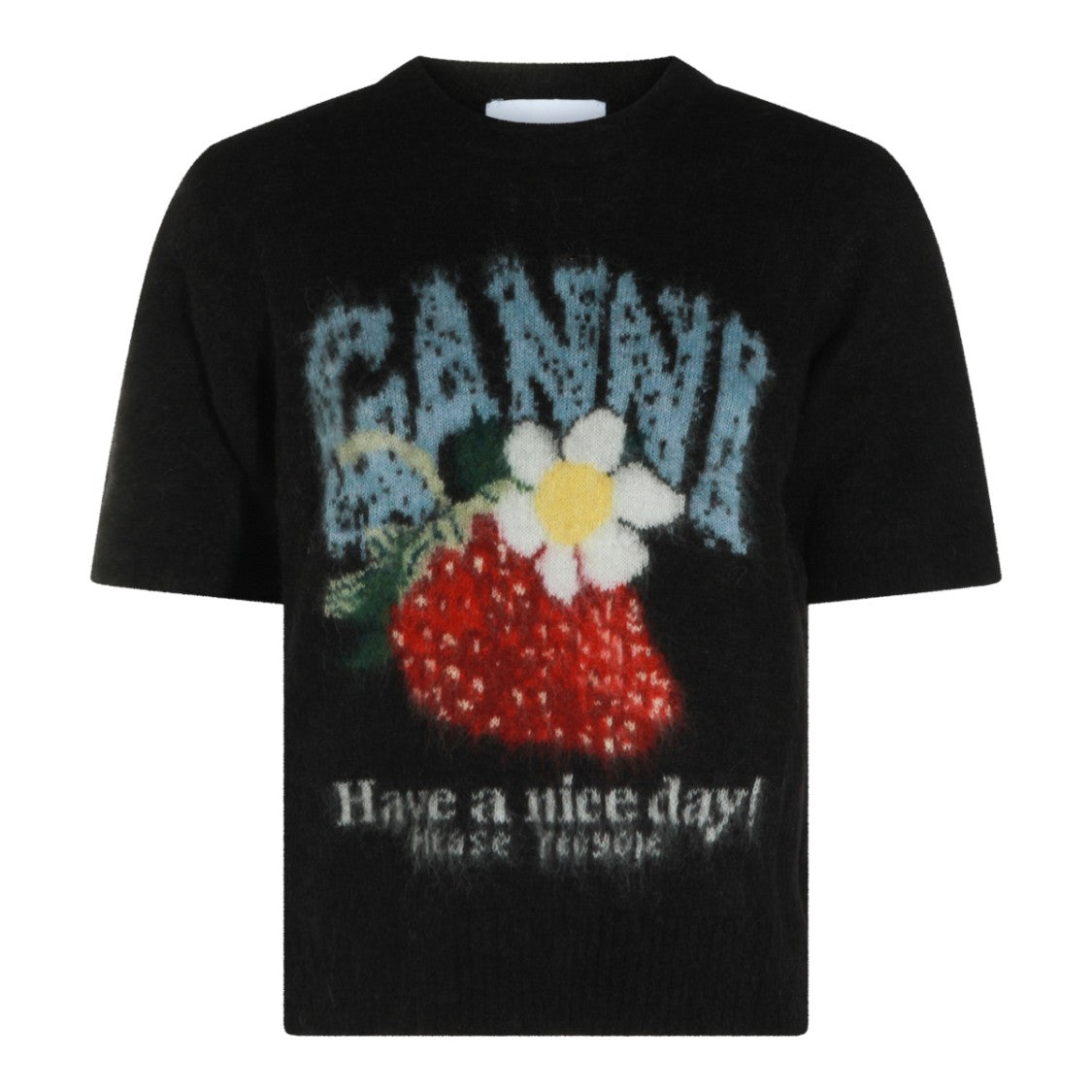 Ganni Black Wool T-Shirt With Graphic Artwork And Round Neckline
