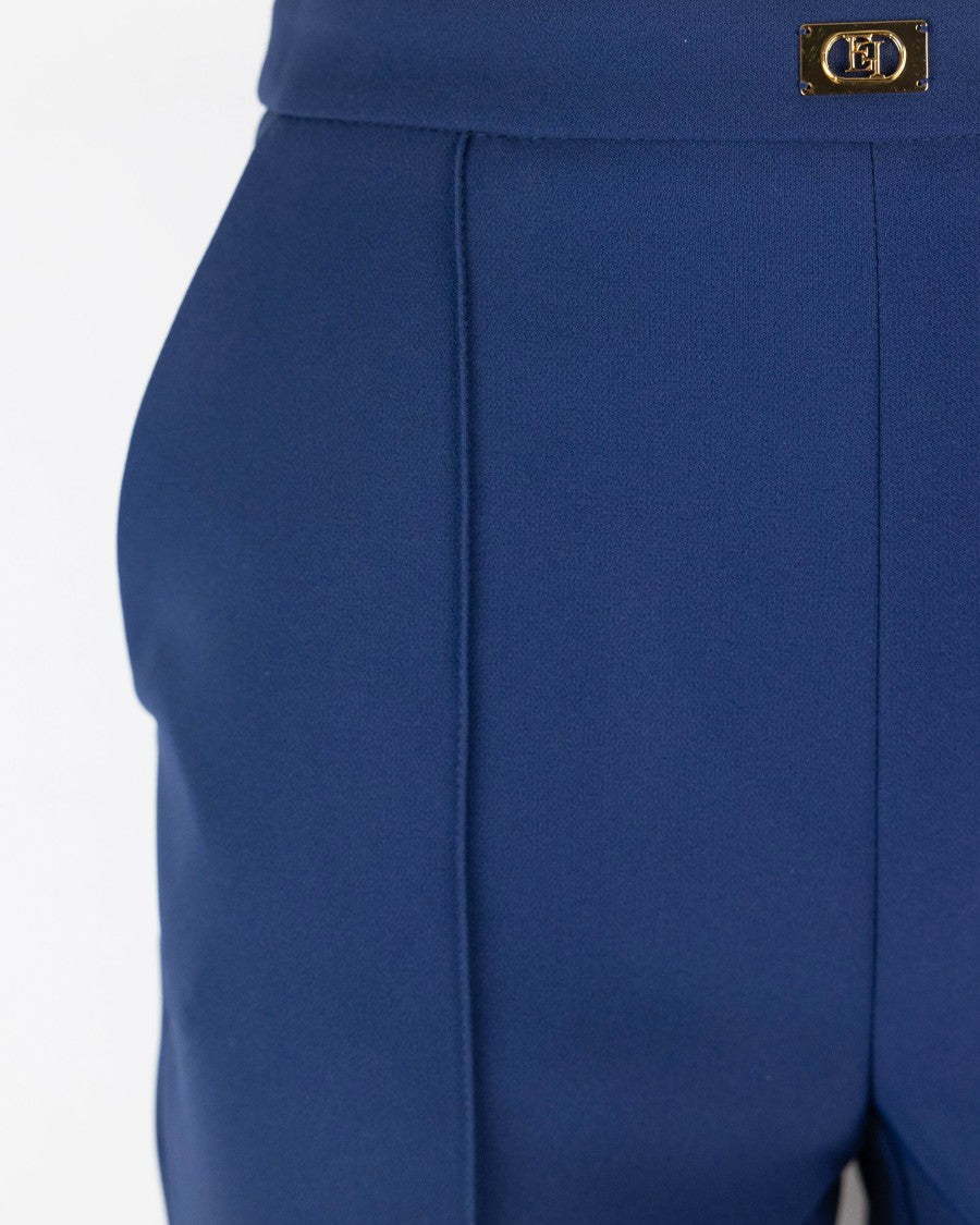 Elisabetta Franchi Blue Crêpe Trousers With Logo Plaque