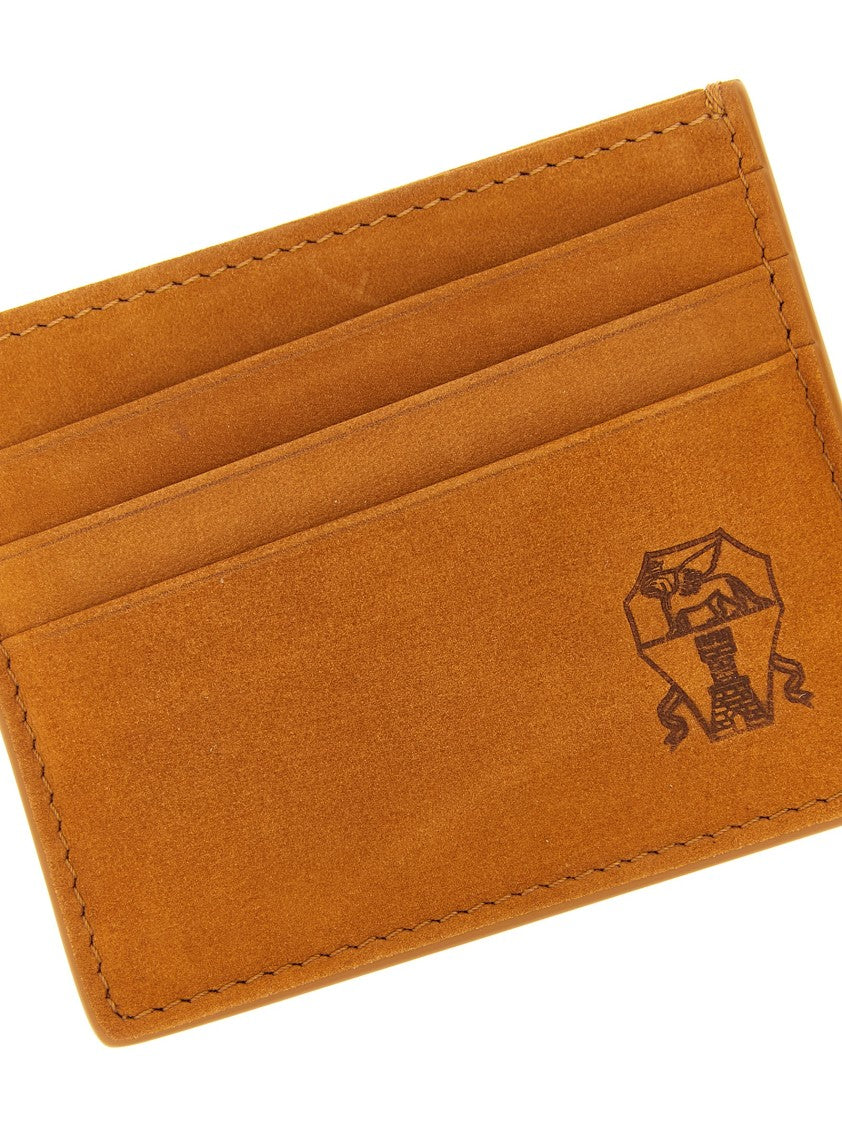 Brunello Cucinelli Brown Suede Card Holder With Embossed Logo