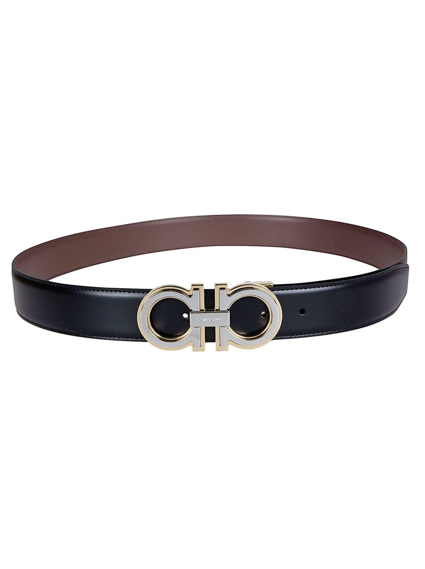 Ferragamo Leather Belt With Polished Gold Gancini Buckle