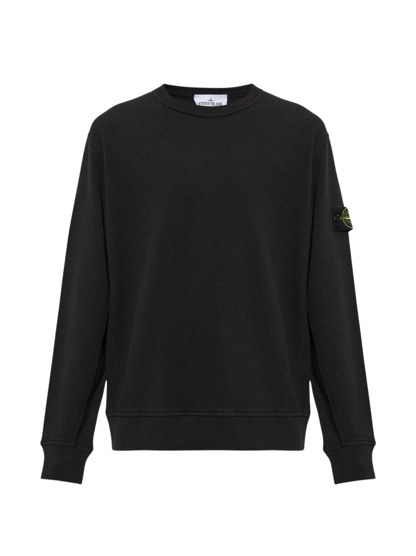 Stone Island Black Cotton Sweatshirt With Logo Patch And Ribbed Details