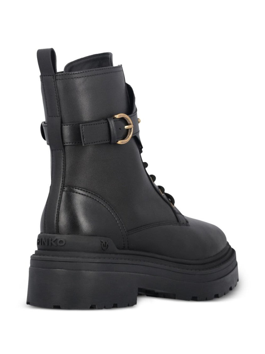Pinko Chunky Platform Black Leather Boots With Decorative Buckle