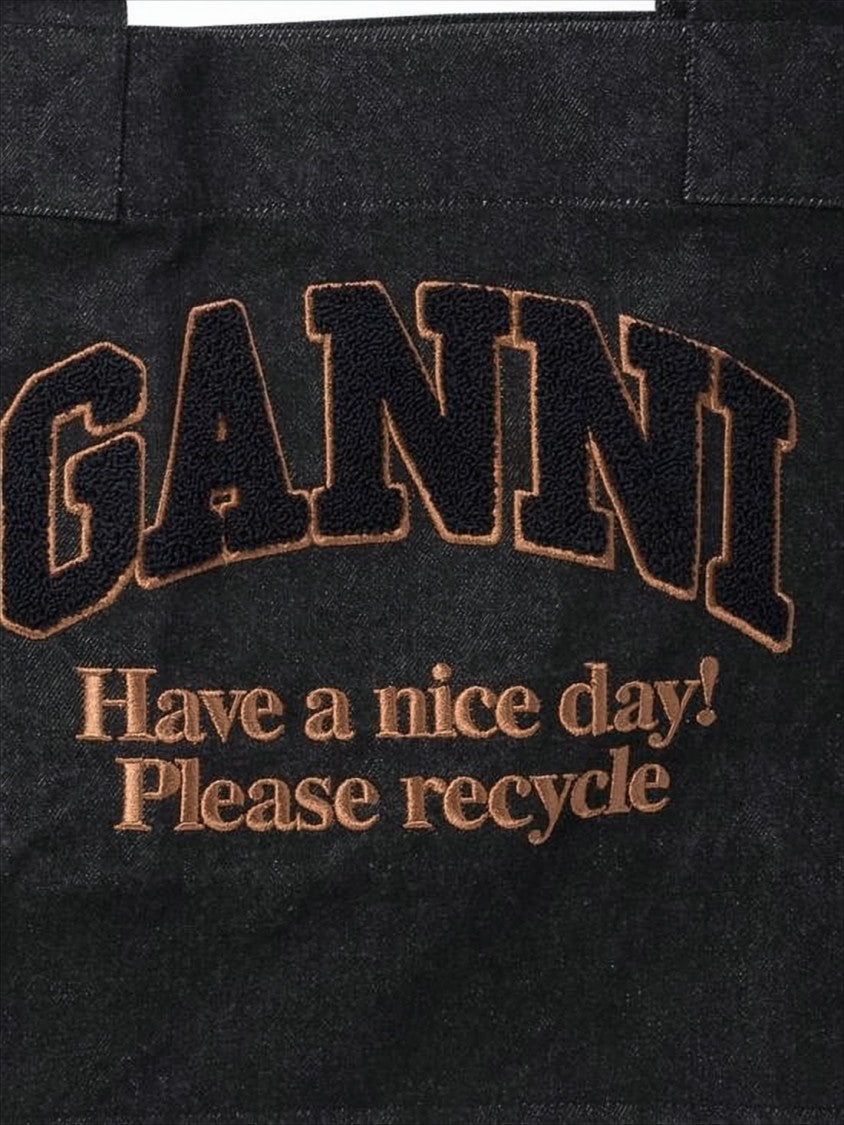 Ganni Textured Black Organic Cotton Tote With Embroidered Message