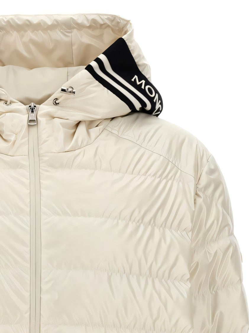Moncler Quilted White Down Coat With Contrasting Hood Stripes