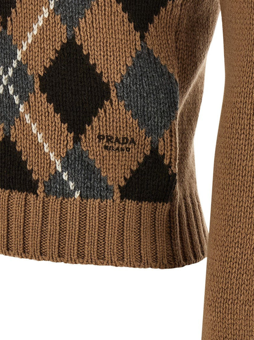 Prada Cropped Cashmere Sweater With Argyle Pattern And Embroidered Logo