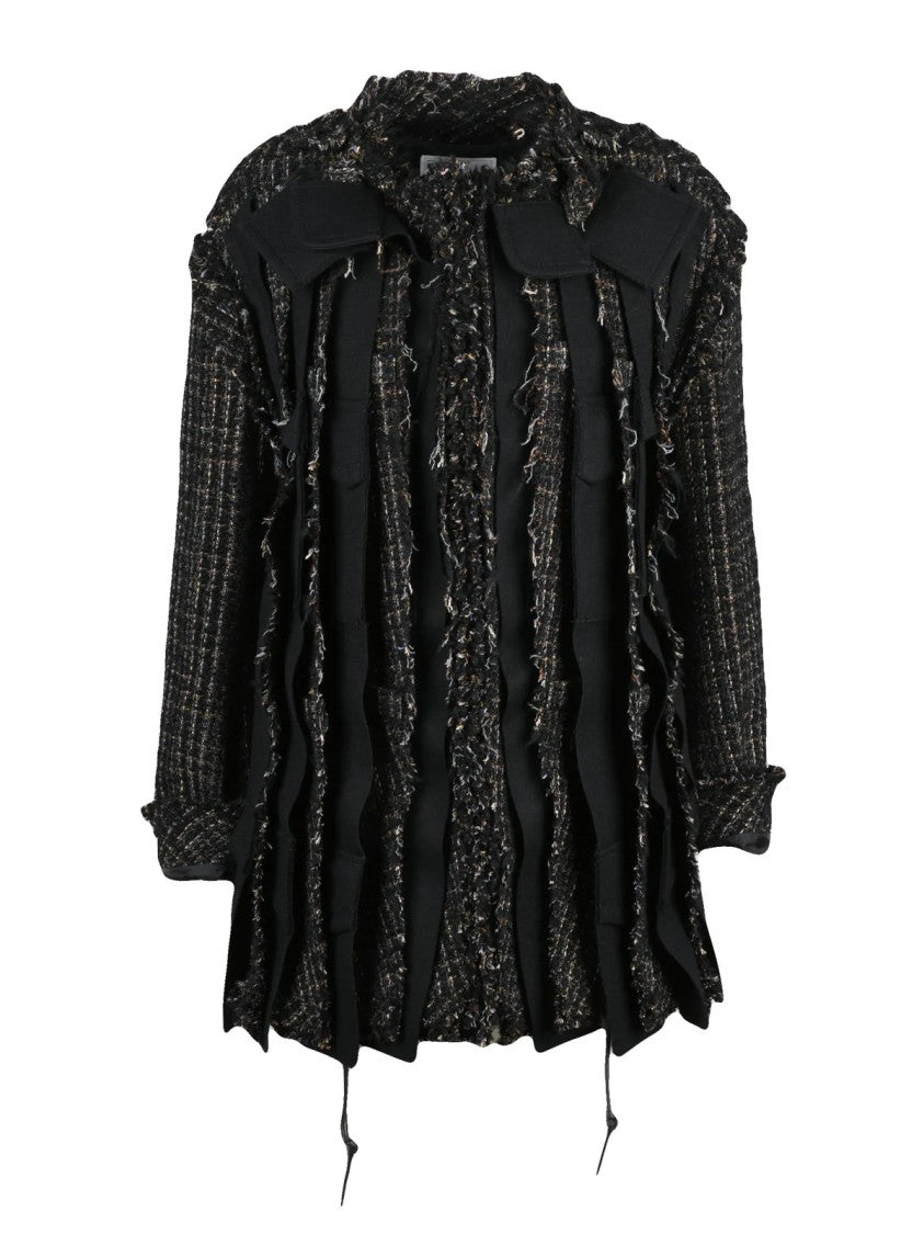 Sacai Black Patchwork Wool-Blend Coat