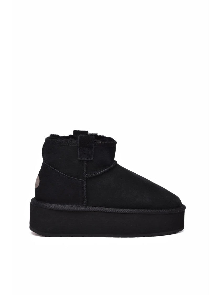 Emu Australia Black Leather Fur Wedge Ankle Boots