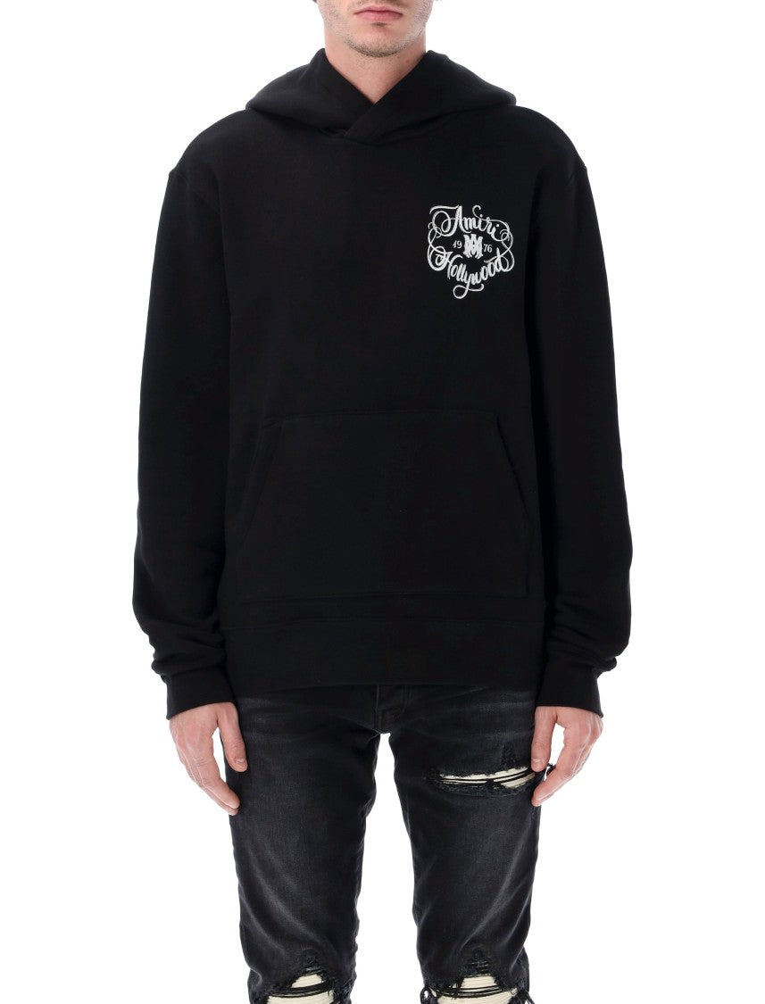 Amiri Black Cotton Hoodie With Vintage-Inspired Embroidery