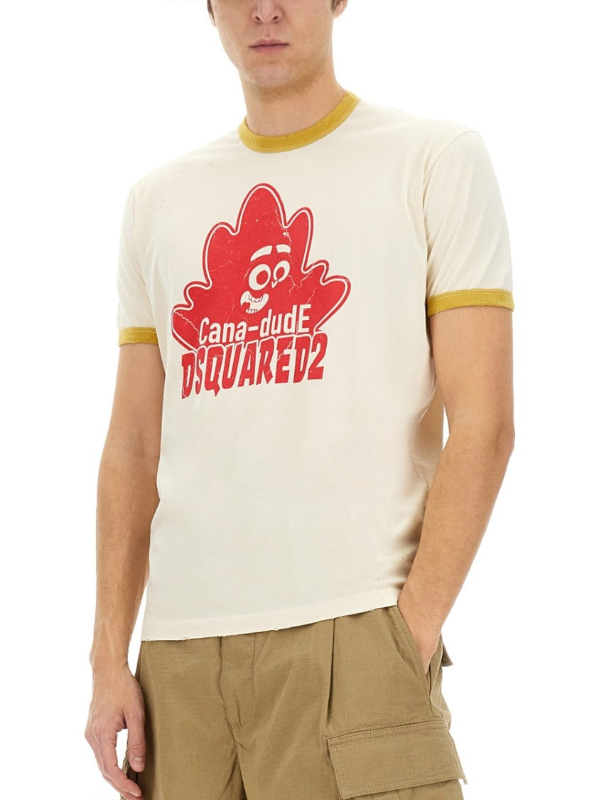 Dsquared2 Graphic Print Cotton T-Shirt With Ribbed Trim