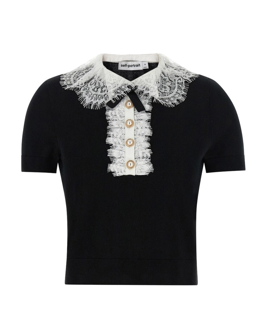 Self-Portrait Black Lace Collar Wool Top