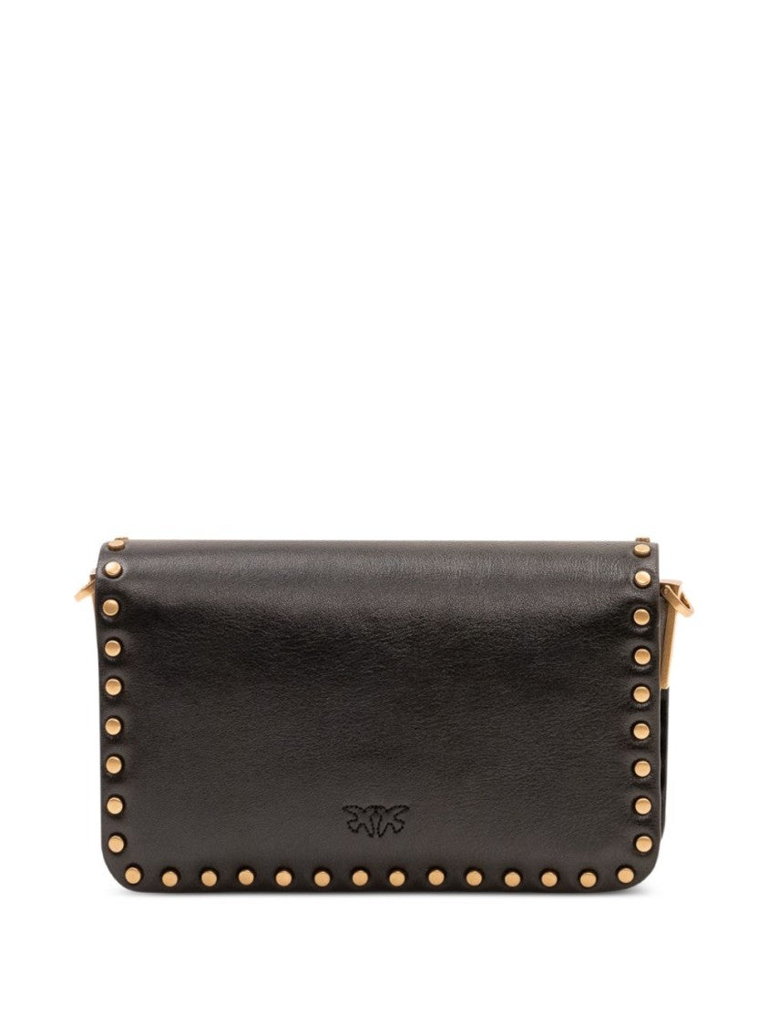 Pinko Black Rectangular Bird Clasp Studded Leather Handbag