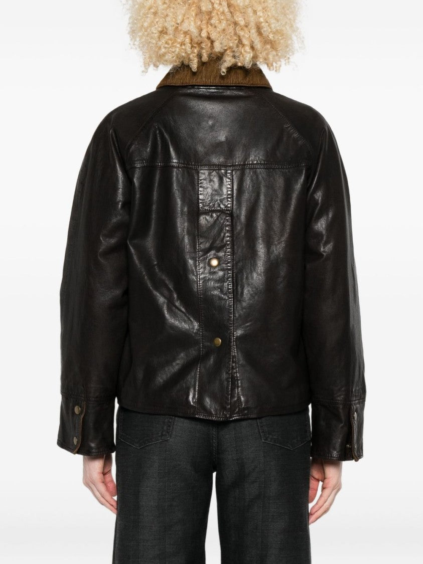 The Jack And Jackie Leathers Brown Leather Jacket With Textured Corduroy Collar