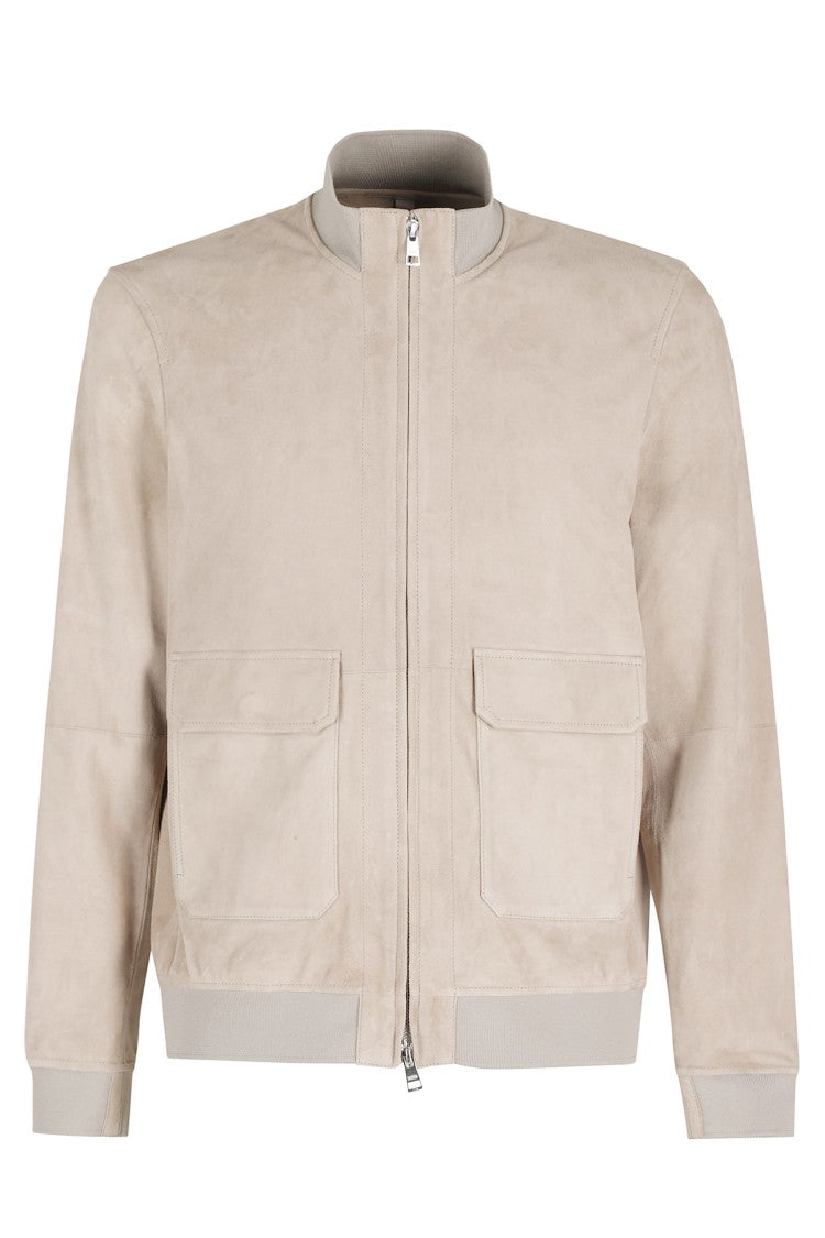Duno Beige Octane Bolgheri High Collar Suede Leather Bomber Jacket