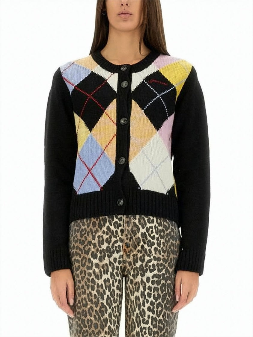 Ganni Button-Up Cardigan With Pastel Argyle Pattern And Ribbed Cuffs