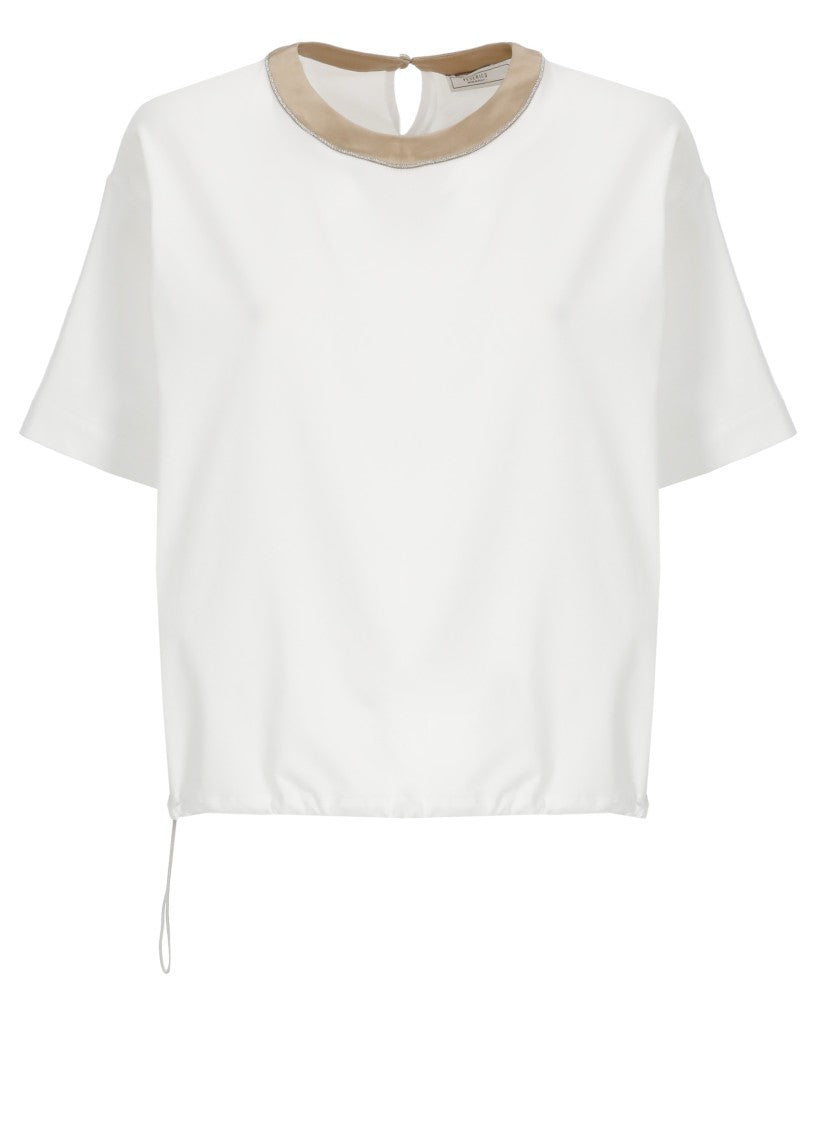 Peserico White Cotton-Blend Silk-Trim T-Shirt