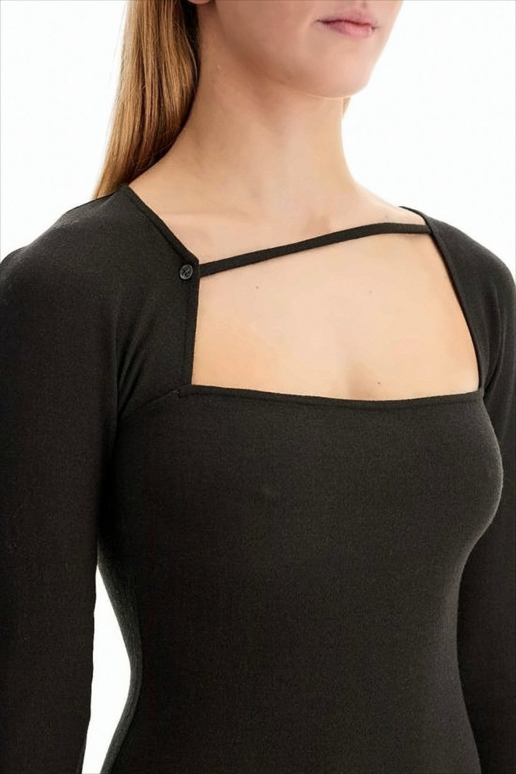 Paloma Wool Fitted Black Midi Dress With Asymmetrical Hem And Square Neckline