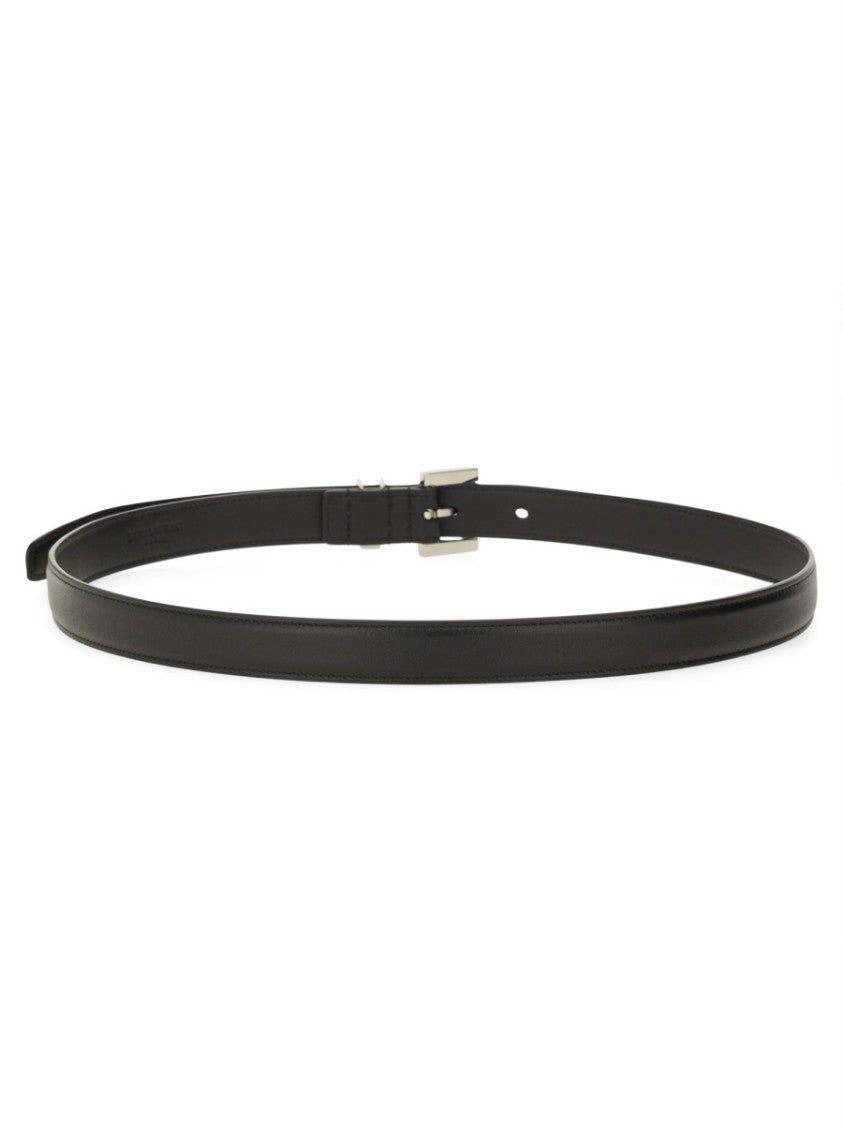 Saint Laurent Slim Calfskin Leather Belt With Polished Buckle Charm