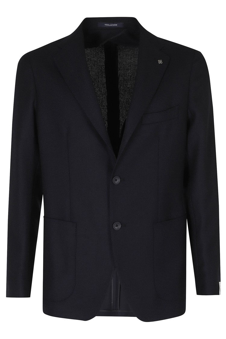 Tagliatore Blue Single-Breasted Micro-Perforated Wool Blazer