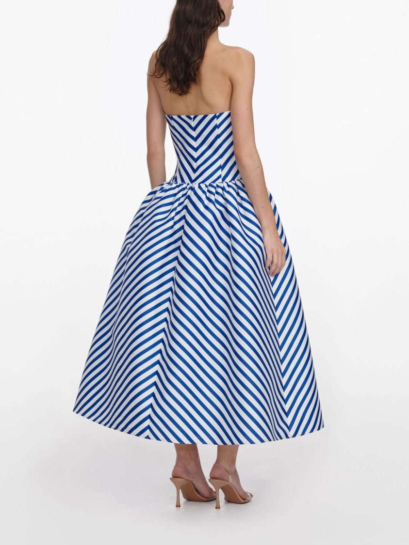 Self-Portrait Chevron-Pattern Midi Dress In Blue Taffeta