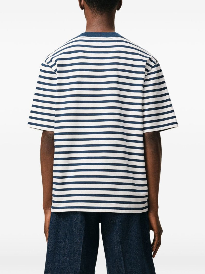 Ami Paris Blue/White Cotton Striped Embroidered T-Shirt