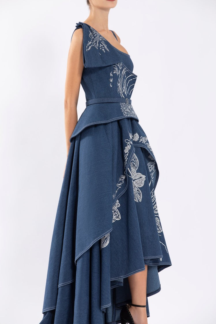 Saiid Kobeisy Denim Dress With Floral Embroidery