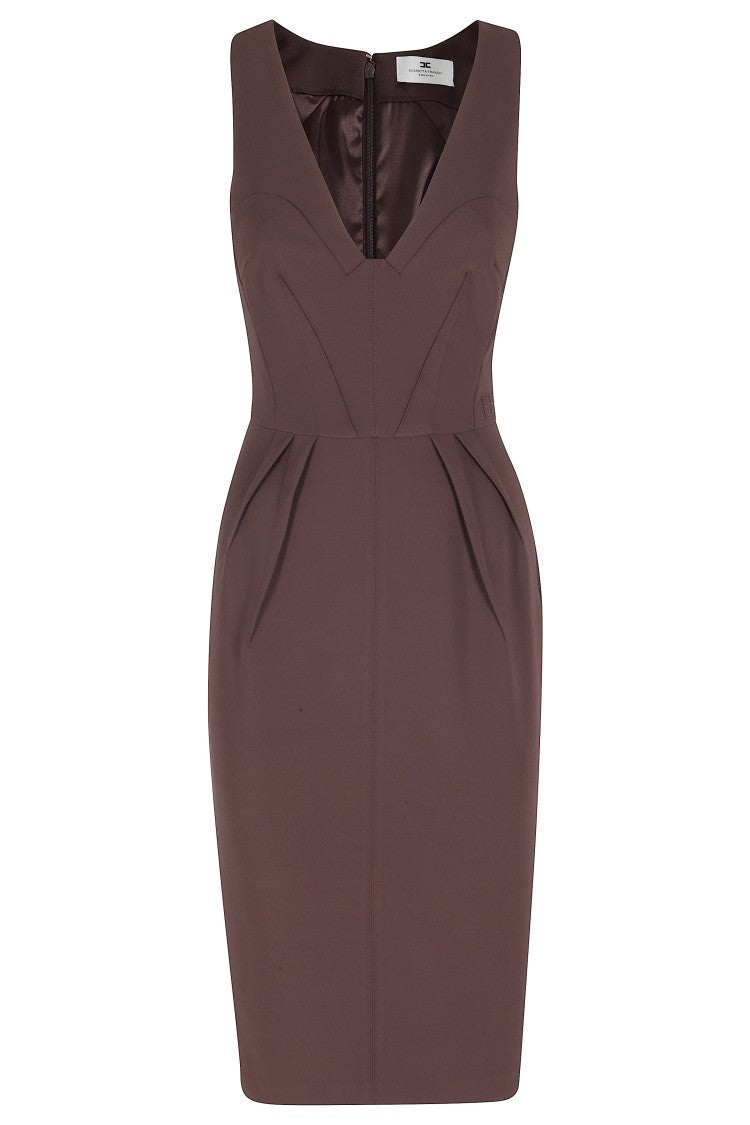 Elisabetta Franchi Cocoa Crepe V-Neck Logo-Embroidered Polyester Midi Dress