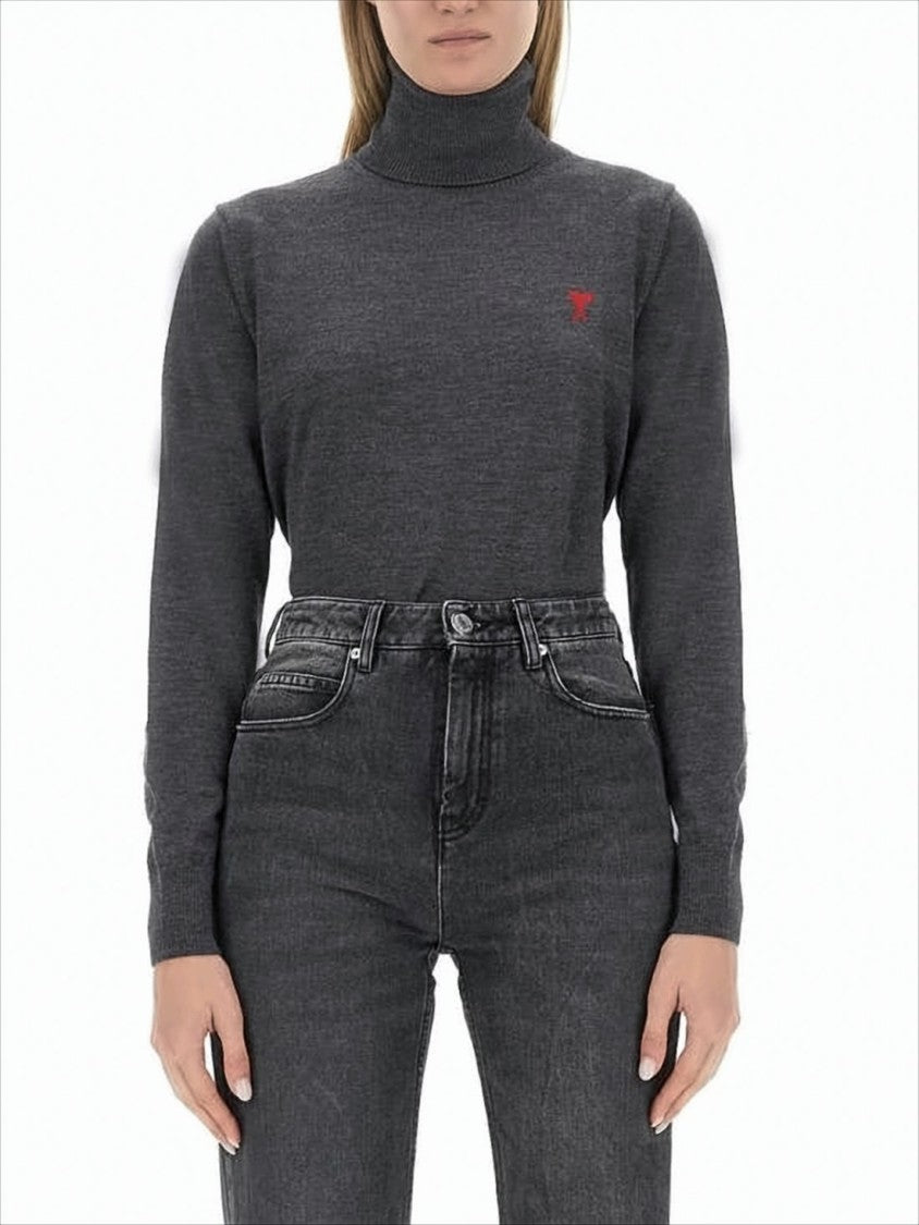 Ami Paris Fitted Merino Wool Turtleneck Sweater With Ribbed Cuffs