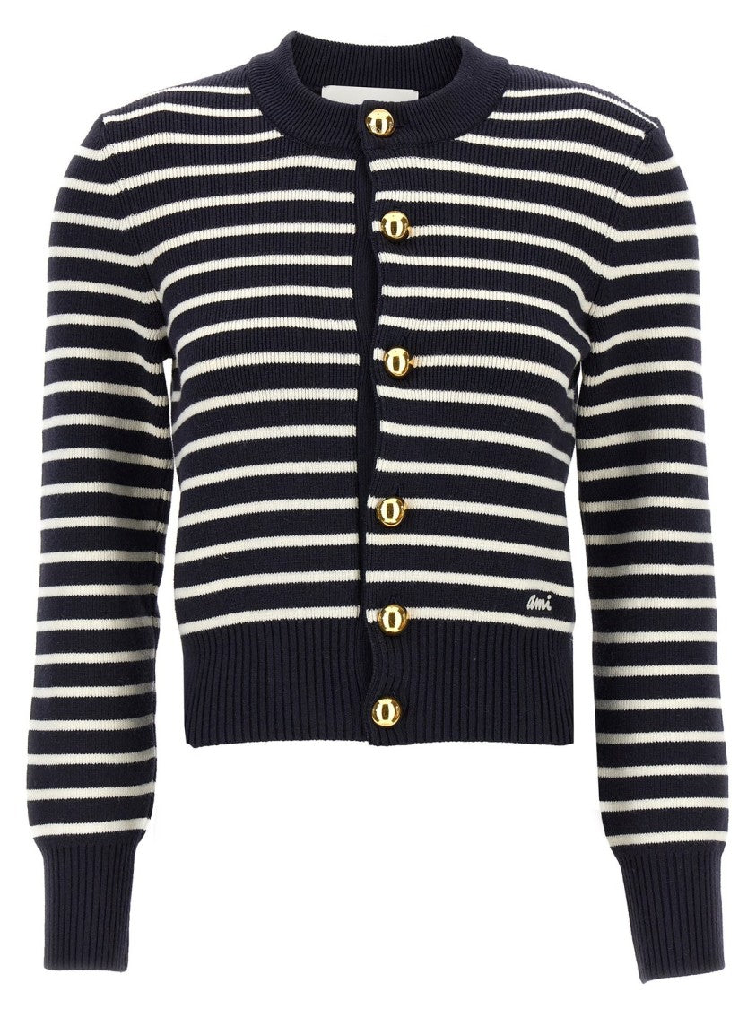 Ami Cropped Cardigan With Contrasting Horizontal Stripes And Gold-Tone Buttons