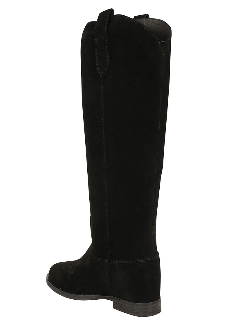 Via Roma 15 Velour Tall Suede Internal Wedge Embroidered Boots