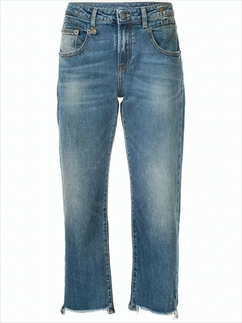 R13 Cropped Relaxed Fit Denim Pants With Flared Legs And Raw Hems
