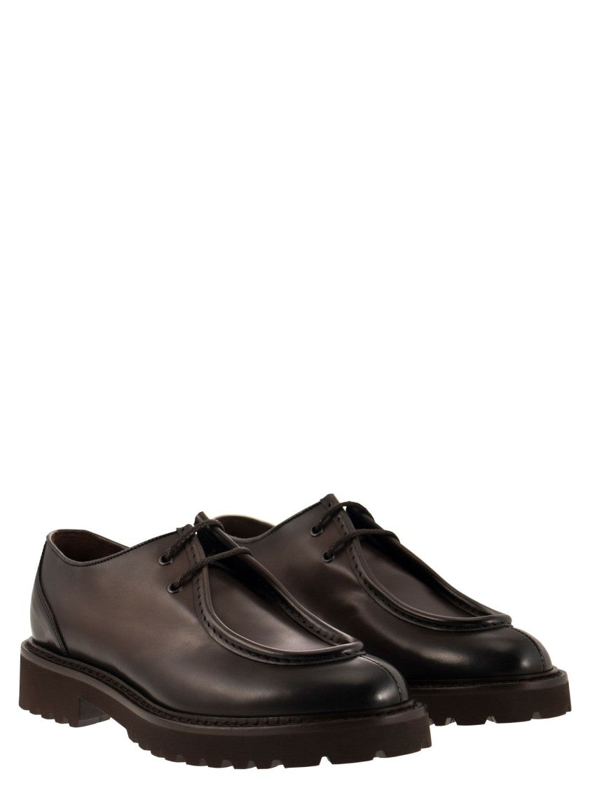 Doucal's Brown Leather Lace-Up Shoe With Embossed Tray Stitching