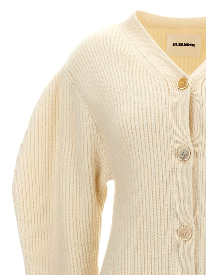 Jil Sander Long Ribbed Wool Cardigan With Button Closure