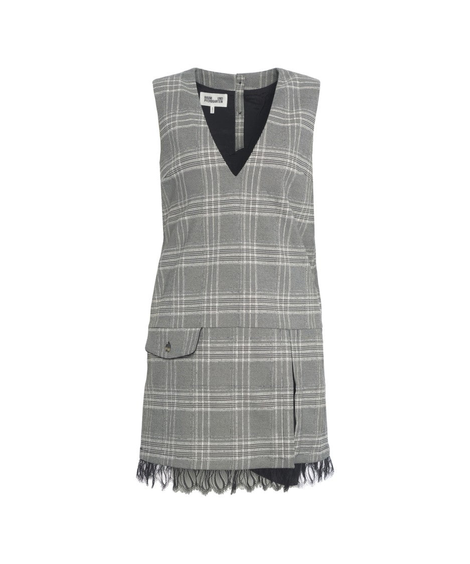 Baum Und Pferdgarten Mini Dress With Grey Plaid Pattern And Fringed Hem