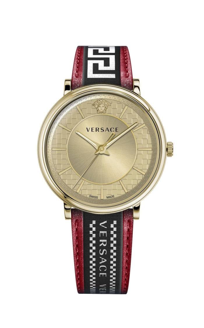Versace Gold-Tone V-Circle Watch With Textured Dial And Hybrid Strap